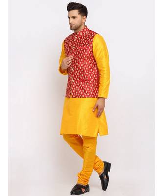 Men yellow Kurta and Churidar with Embroidered Red Nehru jacket 1