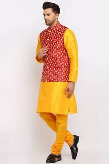 Men yellow Kurta and Churidar with Embroidered Red Nehru jacket