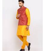 Men yellow Kurta and Churidar with Embroidered Red Nehru jacket