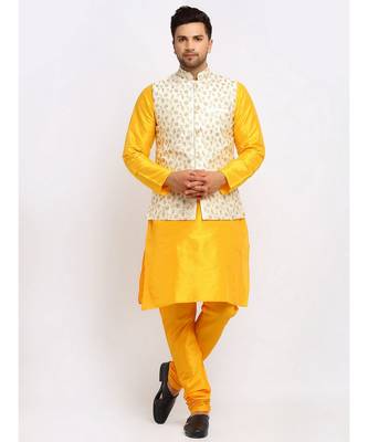 Men yellow Kurta and Churidar with Embroidered Cream Nehru jacket 5