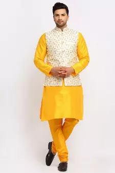 Men yellow Kurta and Churidar with Embroidered Cream Nehru jacket