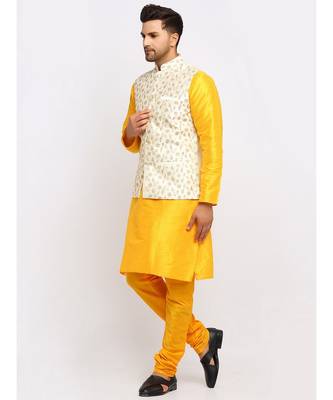 Men yellow Kurta and Churidar with Embroidered Cream Nehru jacket 1