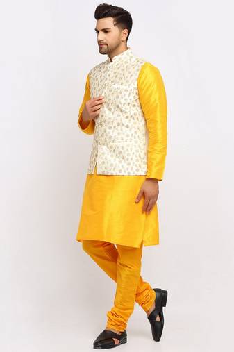 Men yellow Kurta and Churidar with Embroidered Cream Nehru jacket