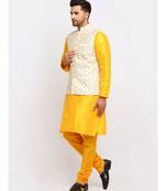 Men yellow Kurta and Churidar with Embroidered Cream Nehru jacket