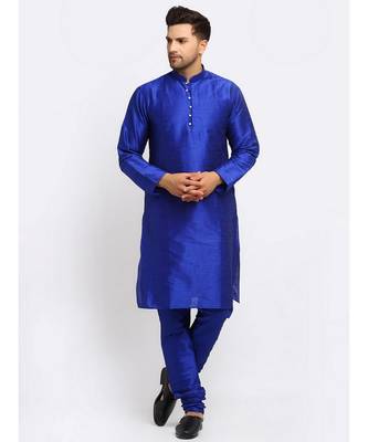 Men Royal Blue Kurta and Churidar with Embroidered Cream Nehru jacket 4
