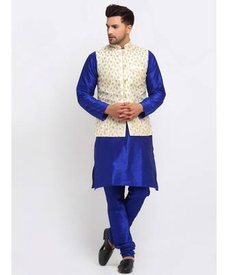 Men Royal Blue Kurta and Churidar with Embroidered Cream Nehru jacket 5