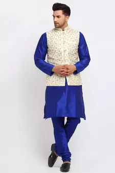 Men Royal Blue Kurta and Churidar with Embroidered Cream Nehru jacket