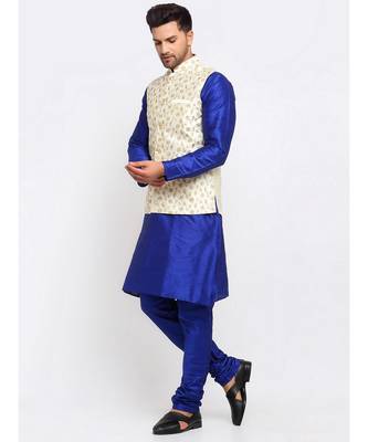 Men Royal Blue Kurta and Churidar with Embroidered Cream Nehru jacket 1