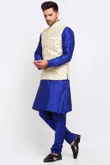 Men Royal Blue Kurta and Churidar with Embroidered Cream Nehru jacket