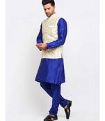 Men Royal Blue Kurta and Churidar with Embroidered Cream Nehru jacket