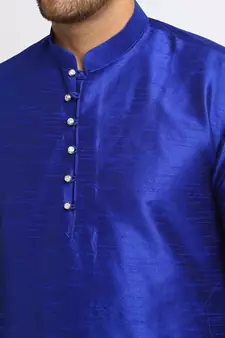 Men Royal Blue Kurta and Churidar with Embroidered Fawn Nehru jacket