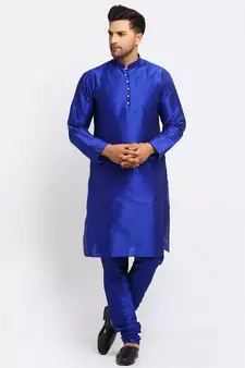 Men Royal Blue Kurta and Churidar with Embroidered Fawn Nehru jacket