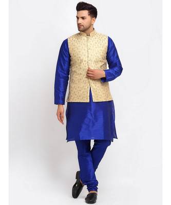 Men Royal Blue Kurta and Churidar with Embroidered Fawn Nehru jacket 5