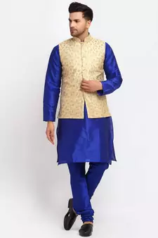 Men Royal Blue Kurta and Churidar with Embroidered Fawn Nehru jacket