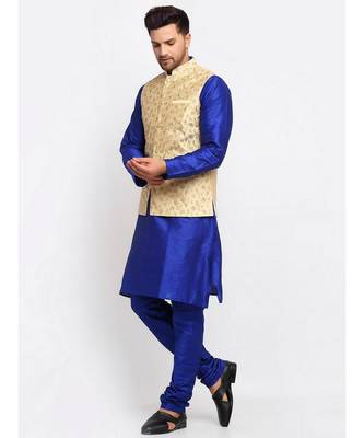 Men Royal Blue Kurta and Churidar with Embroidered Fawn Nehru jacket 1