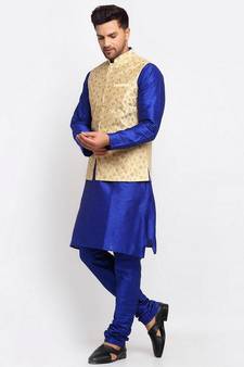 Men Royal Blue Kurta and Churidar with Embroidered Fawn Nehru jacket