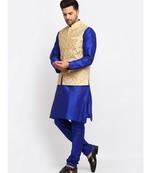 Men Royal Blue Kurta and Churidar with Embroidered Fawn Nehru jacket