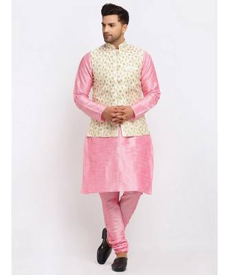 Men Pink Kurta and Churidar with Embroidered Cream Nehru jacket 5