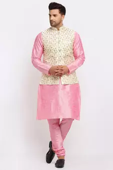 Men Pink Kurta and Churidar with Embroidered Cream Nehru jacket