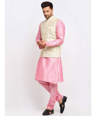 Men Pink Kurta and Churidar with Embroidered Cream Nehru jacket 1