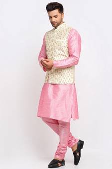 Men Pink Kurta and Churidar with Embroidered Cream Nehru jacket