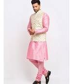 Men Pink Kurta and Churidar with Embroidered Cream Nehru jacket