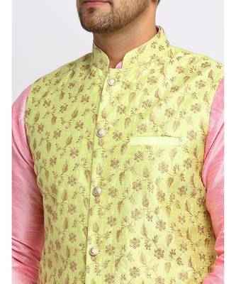 Men Pink Kurta and Churidar with Embroidered Lime Green Nehru jacket 2