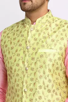 Men Pink Kurta and Churidar with Embroidered Lime Green Nehru jacket
