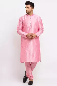 Men Pink Kurta and Churidar with Embroidered Lime Green Nehru jacket