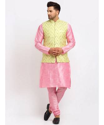 Men Pink Kurta and Churidar with Embroidered Lime Green Nehru jacket 1