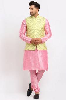 Men Pink Kurta and Churidar with Embroidered Lime Green Nehru jacket