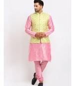 Men Pink Kurta and Churidar with Embroidered Lime Green Nehru jacket