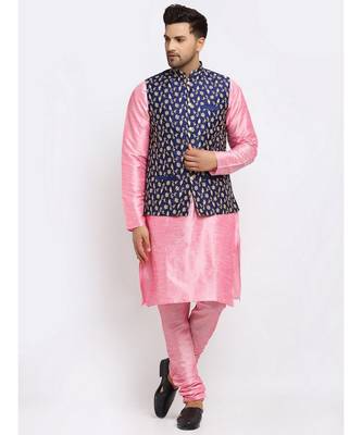 Men Pink Kurta and Churidar with Embroidered Navy Blue Nehru jacket 1