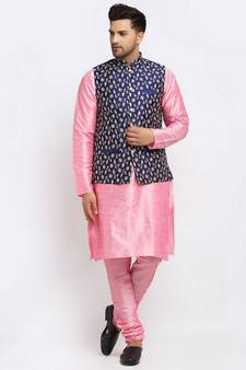 Men Pink Kurta and Churidar with Embroidered Navy Blue Nehru jacket