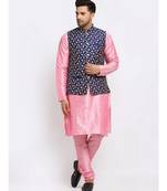 Men Pink Kurta and Churidar with Embroidered Navy Blue Nehru jacket