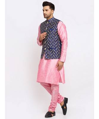 Men Pink Kurta and Churidar with Embroidered Navy Blue Nehru jacket 5