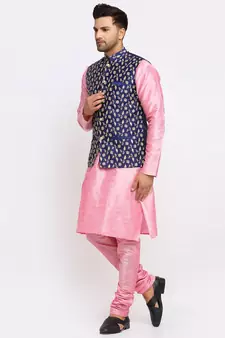 Men Pink Kurta and Churidar with Embroidered Navy Blue Nehru jacket