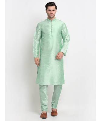 Men Sea Green Kurta and Churidar with Embroidered Cream Nehru jacket 3
