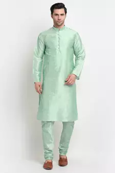 Men Sea Green Kurta and Churidar with Embroidered Cream Nehru jacket