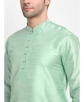 Men Sea Green Kurta and Churidar with Embroidered Cream Nehru jacket 4
