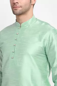 Men Sea Green Kurta and Churidar with Embroidered Cream Nehru jacket