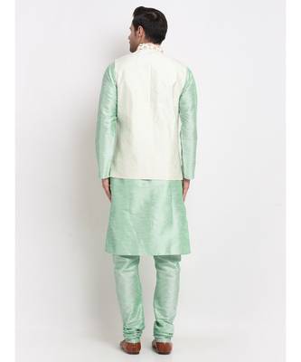 Men Sea Green Kurta and Churidar with Embroidered Cream Nehru jacket 5