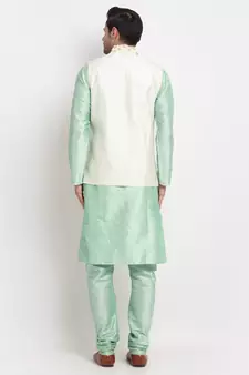 Men Sea Green Kurta and Churidar with Embroidered Cream Nehru jacket