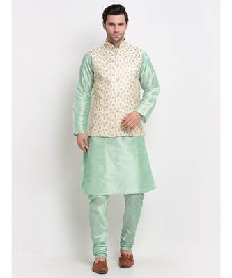 Men Sea Green Kurta and Churidar with Embroidered Cream Nehru jacket 1