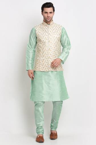 Men Sea Green Kurta and Churidar with Embroidered Cream Nehru jacket