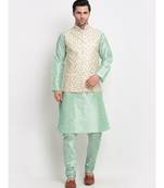 Men Sea Green Kurta and Churidar with Embroidered Cream Nehru jacket