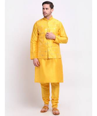 Men yellow Silk Kurta & Churidar with Jacket 4