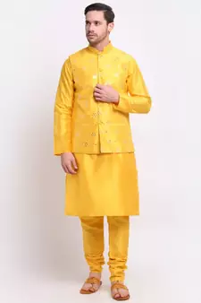 Men yellow Silk Kurta & Churidar with Jacket