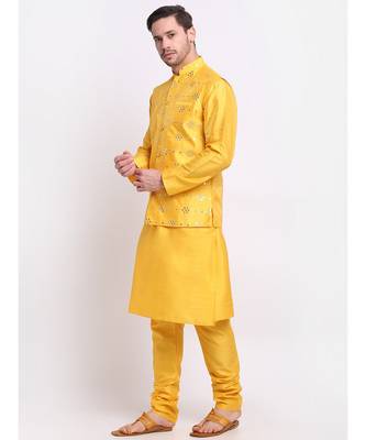 Men yellow Silk Kurta & Churidar with Jacket 5