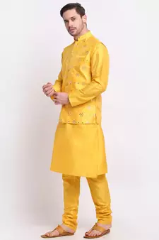 Men yellow Silk Kurta & Churidar with Jacket